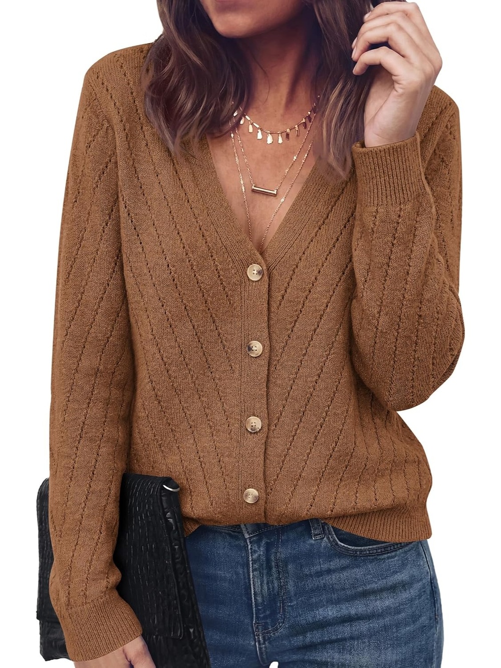 🆕 Women's Khaki V Neck Long Sleeve Button Front Cozy Knit Cardigan Sweater